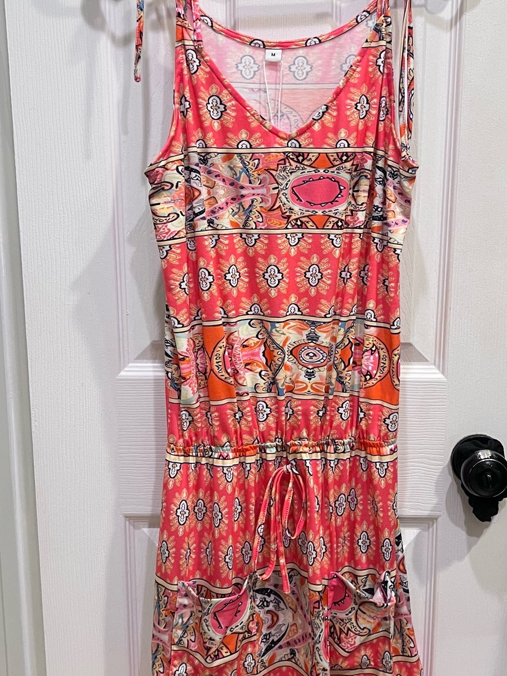 Sleeveless Coral Pink Printed Maxi Dress with Drawstring Waist